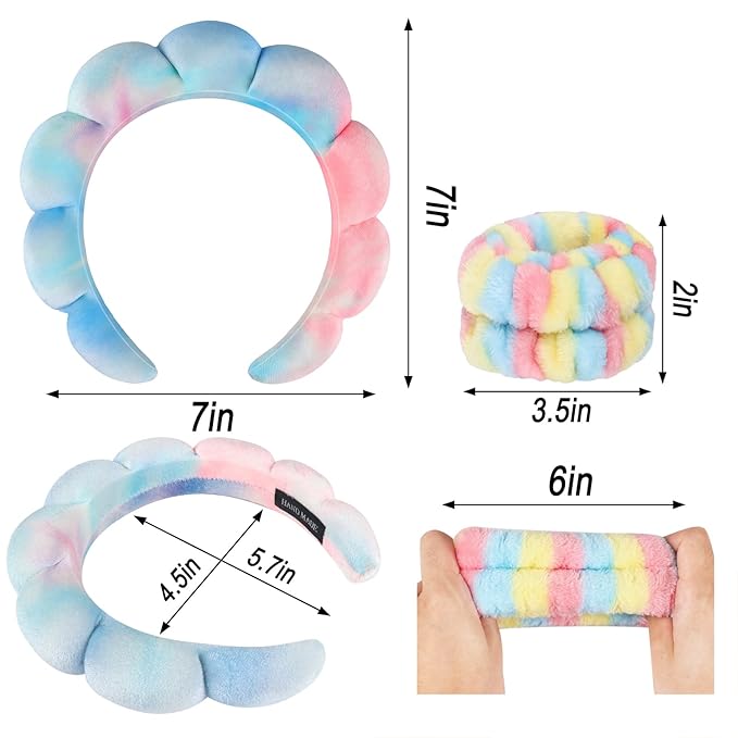 Zkptops Spa Headband for Washing Face Wristband Set Sponge Makeup Skincare Velvet Fabric Bubble Soft Get Ready Hairbands for Women Puffy Headwear Non Slip Thick Thin Hair Accessory (Pink Tie Dye)