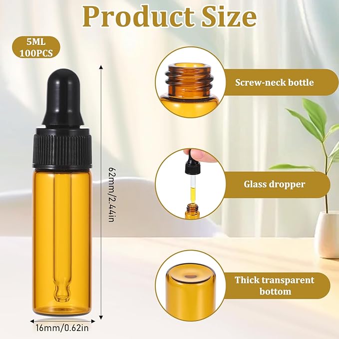 5ml Glass Dropper Bottles, 100 Pcs Amber Bottles with Black Caps, Leakproof Essential Oil Containers for DIY Perfume, Travel Liquids, Aromatherapy, Lab Sample & Hair Oil Storage