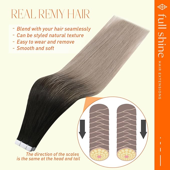 Full Shine Tape in Hair Extensions Human Hair Balayage Remy Human Hair Extensions Natural Black 1B Ombre Ash Blonde 18 Double Sided Tape in Extensions Adhesive Seamless Skin Weft 16Inch 50G 20Pcs