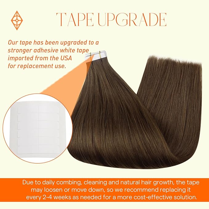Full Shine Tape in Hair Extensions 18 Inch Seamless Tape in Real Human Hair Extensions Color 4 Medium Brown Skin Weft Hair 40Pcs Double Sided Tapes in Extensions 100Gram Straight Hair Add length