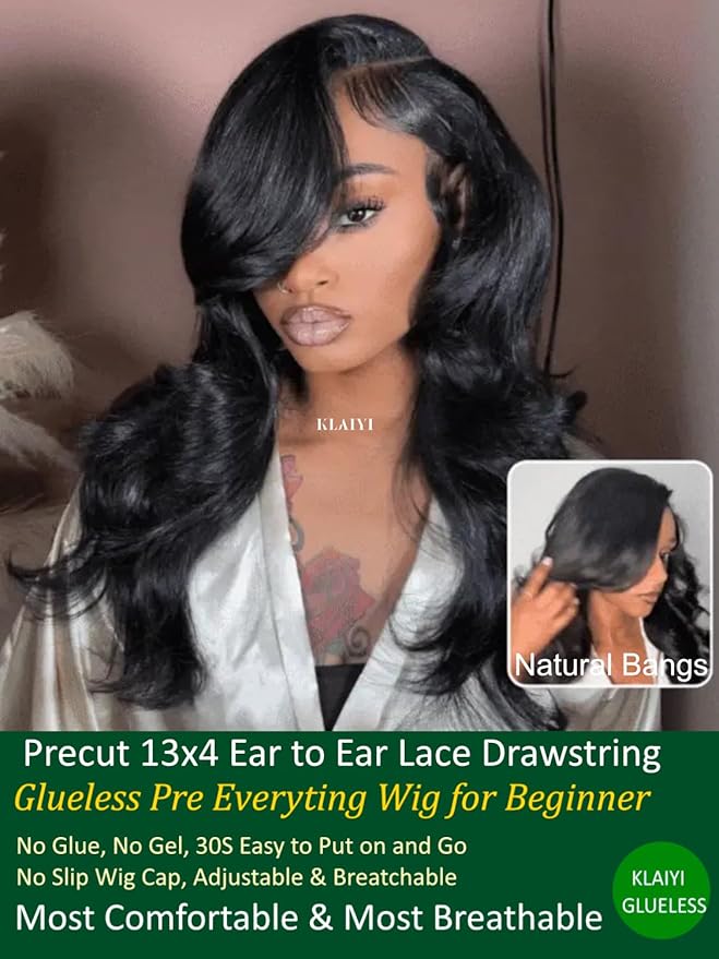 KLAIYI Pre Everything Glueless Layer Side Part Loose Body Wave 13x4 Lace Front Wigs Human Hair Drawstring Curtain Bangs Face framing Pre Bleached Knots Pre Plucked 3S Ready to Put On and Go Wig 26Inch