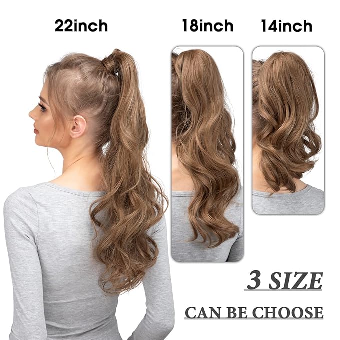 CJL HAIR 22" Long Ponytail Hair Extension Wrap Around Pony Tail Clip in Curly Wavy Synthetic Fake Hairpiece for Women Light Honet Blonde