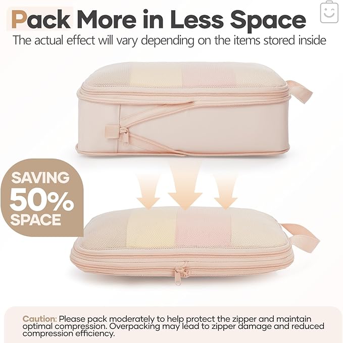 Veken 11 Set Compression Packing Cubes for Travel Essentials,Compressible Expandable Large Luggage Suitcase Organizer Bags for Clothing,Durable Space Saver Storage Bags with Toiletry Bags(Beige)