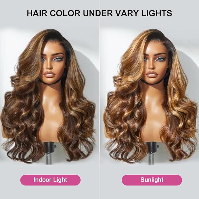 210% Density 13x6 Highlight Ombre Full Lace Frontal Wigs Human Hair 12A Body Wave Brazilian Human Hair Pre Plucked 4/27 Honey Blonde HD Glueless Transparent Lace with Baby Hair 18 Inch