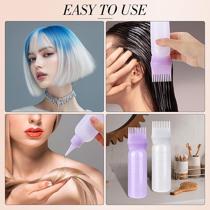 Pimoys Hair Oil Applicator Bottle for Scalp, Root Comb Applicator Bottles Hair Dye Squeeze Bottle Coloring Tools，2 Pack (Purple, White) with 4 Pointed Mouth Cover and Massage Comb