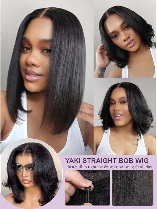 YIROO Yaki Straight Bob Human Hair Drawstring Wigs Pre Cut 7x5 HD Lace Front Wig Bye Bye Knots Glueless Yaki Short Bob Human Hair Wigs Pre Plucked Invisible Knots 150% Density Ready to Go 12Inch