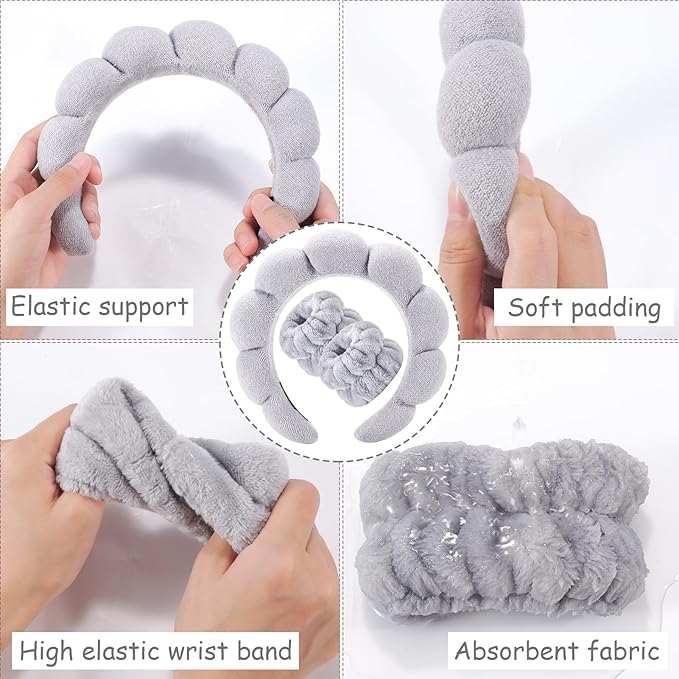 Zkptops Spa Headband for Washing Face Wristband Set Sponge Makeup Skincare Headband Terry Cloth Bubble Soft Get Ready Hairbands for Women Girl Puffy Padded Headwear Non Slip Thick Hair Accessory(Grey)