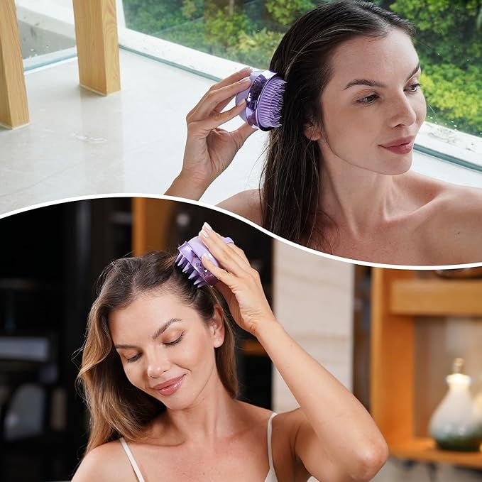 2 in 1 Scalp Massager Hair Growth,Scalp Scrubber with Soft Silicone Bristles for Dandruff Removal,Shampoo Brush for Exfoliation,Head Massager for Both Wet and Dry Use (Purple) ﻿