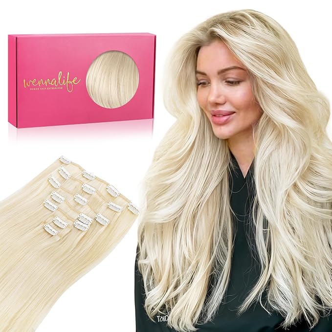 WENNALIFE Clip in Hair Extensions Real Human Hair, 16 Inch 120g 7pcs Platinum Blonde Hair Extensions Clip in Human Hair Remy Clip in Hair Extensions Real Human Hair Double Weft