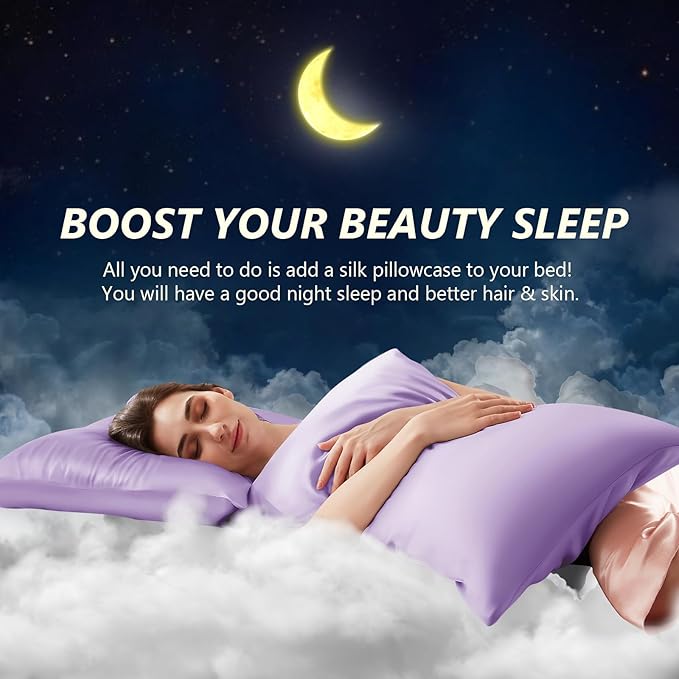 Silk Pillow Cases 2 Pack Standard Size Mulberry Silk Pillowcase Set of 2 for Hair & Skin 26 x 20 Inches 22 Momme Both Sided Grade 6A Silk Soft Breathable Cooling with Hidden Zipper, Lavender