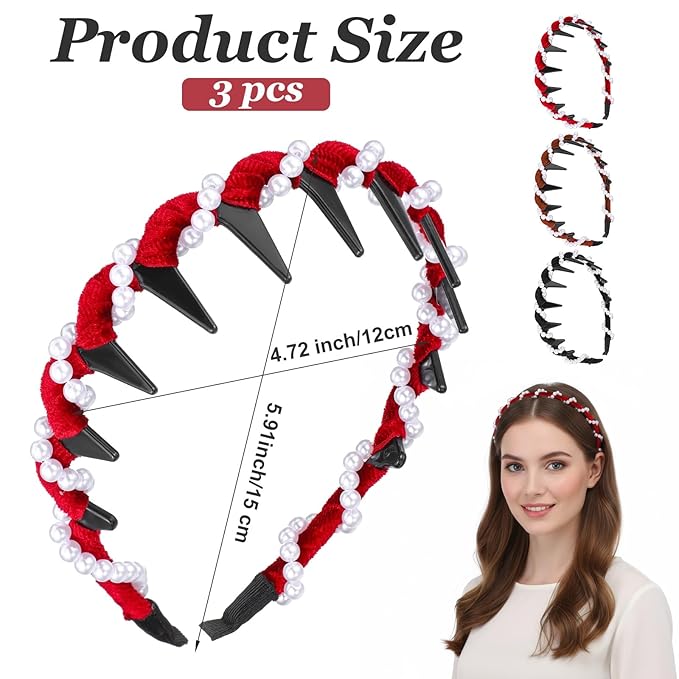 3 Pcs Vintage High Cranium Pearl Hairband Elegant Beaded Pearl Headbands with Teeth Comb Hair Hoop Band Headwear Fashion Braided Head Band Non Slip Hair Comb Hairs Accessories Gift for Women Girls