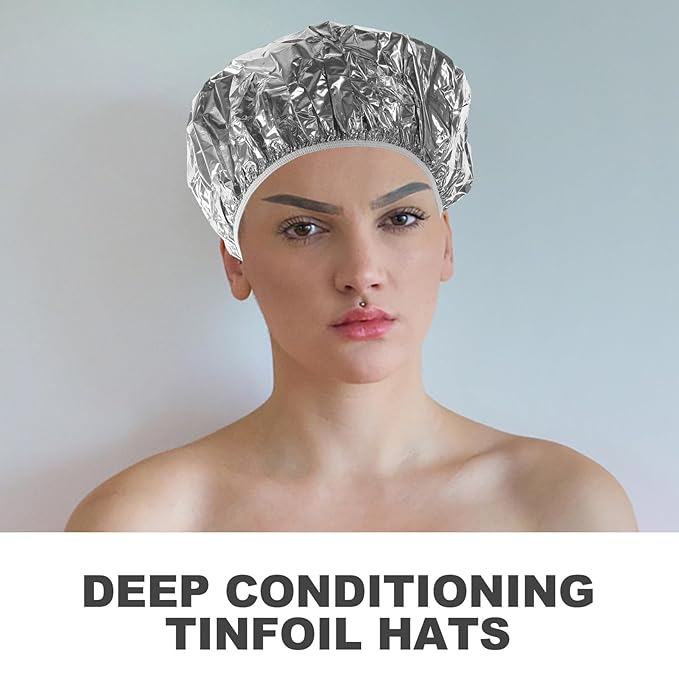 4pcs Hair Coloring Tin Foil Caps with Elastic Band Deep Conditioning Heat Insulation Hats for Salon and Home Use Reusable Aluminum Foil Hair Treatment Caps for Coloring Perms and