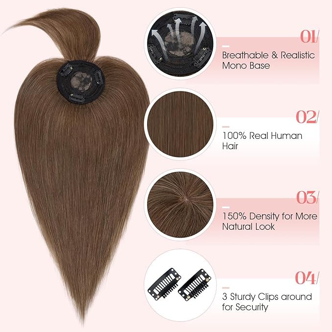 Hairro Mono Hair Toppers with Bangs, 3.4" x 3.4" Mono Base 100% Real Human Hairpieces for Women, 150% Density Clips In Topper for Greyish Thinning Hair, 10 Inch Medium Brown
