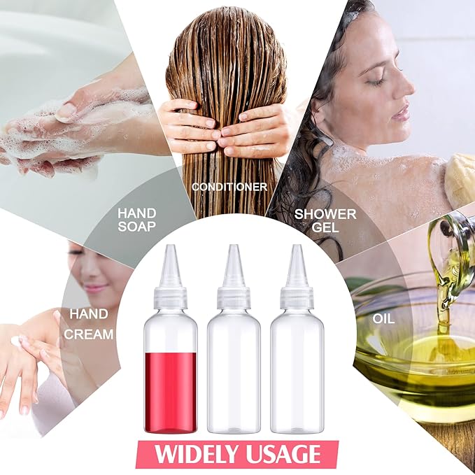 Eccliy 60 Pieces 2 oz 60 ml Plastic Bottles Applicator with Twist Top Cap Pet Refillable Plastic Empty Applicator Bottle for Hair with Clear Twist Top Cap for Hair Oils and Liquids