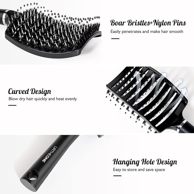 URTHEONE Hair Brush,Detangling Hairbrush Boar Bristle Hair Brushes for Women Men Kids Curly Thick Long Short Wet or Dry Hair, Curved Vented Detangler Brush for Faster Blow Drying (Black)