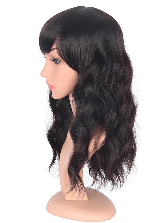 Medium Length Dark Brown Wavy Wigs With Bangs For Women - Heat Resistant Synthetic Brown Wigs For Daily Use (DARK BROWN(2#))