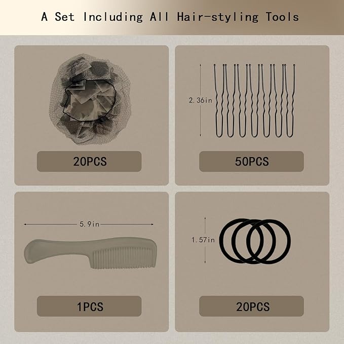 Invisible Hair Nets 50cm with 20Pcs,50Pcs U Shaped Bobby Pins,20Pcs Hair Ties and a Comb Styling Accessories Set,50cm for Ballet Bun,Wig,Food Service,Cabin Attendant, for Women and Girls(Black)