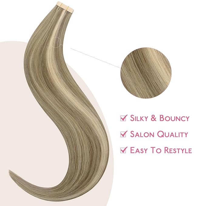 WENNALIFE Tape in Hair Extensions Human Hair Ash Brown with Platinum Blonde Highlights Tape in Extensions, 10pcs 25g 16 inch Remy Invisible Tape Ins Straight Colored Soft Refill Set