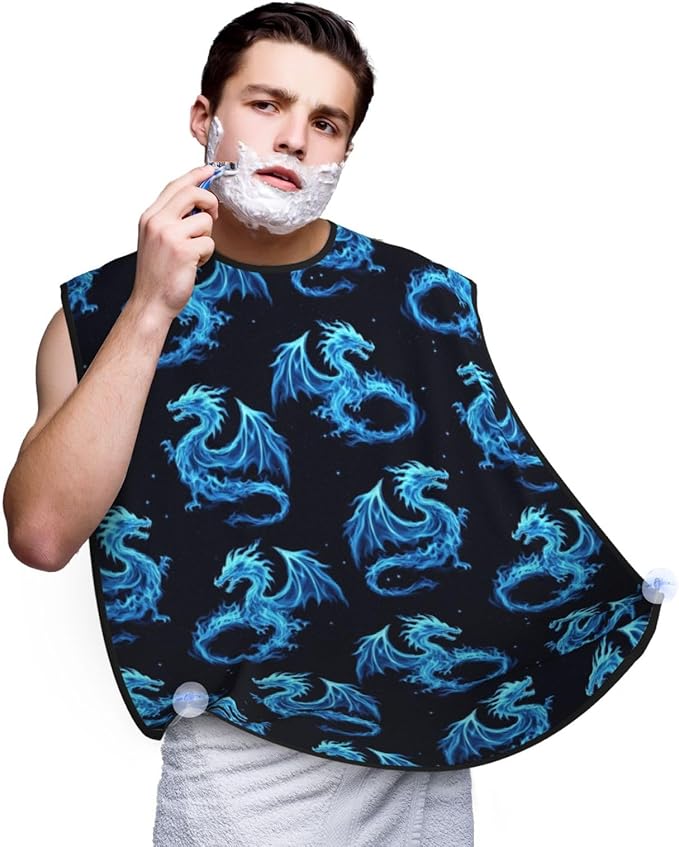 Adjustable Beard Bib, Non-Stick Hair Catcher Cape for Men's Shaving, Waterproof with 2 Suction Cups, Blue Fire Flame Dragon Shave Bib