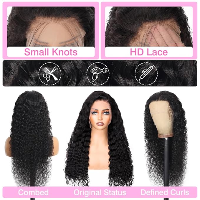 BVLBVL 36 Inch 13x6 Deep Wave Lace Front Wigs Human Hair Curly Human Hair Wig HD Lace Frontal Wig Pre Plucked 180 Density, Real Human Hair No Synthetic Blend No Tangle No Shedding Triple Lifespan 3X