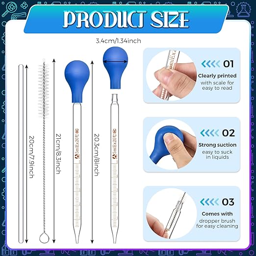 Weewooday Glass Droppers Pipettes Graduated Lab Dropper Glass Liquid Pipette with Big Rubber Hats 20 cm Stir Rod Washing Brush Transfer for Liquid Essential Oil(16 Pieces,Blue,5 ml)