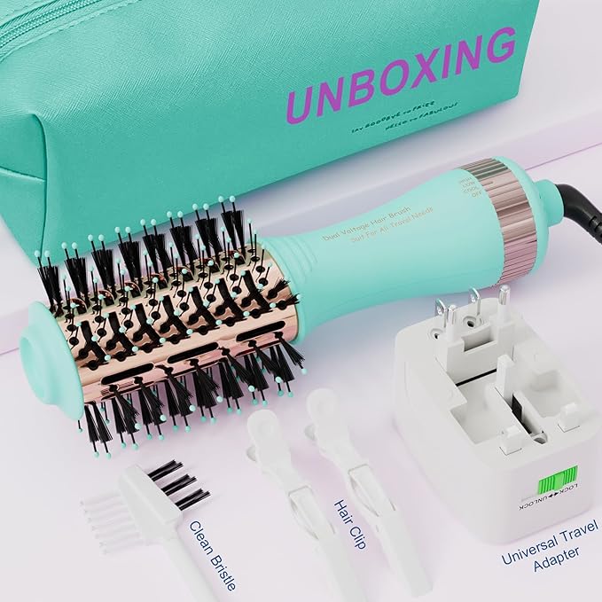 Travel Dual Voltage Hair Dryer Brush Blow Dryer Brush in One,2 Inch Hot Air Brush,Travel Hair Styler/Volumizer/Straightener/Curler,European Blow Dryer Brush with Universal Adapter