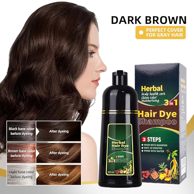 Dark Brown Hair Dye Shampoo 3 in 1 Herbal Natural Dye Cover Gray, for Women/Men Hair Color for Grey Coverage (Dark Brown)