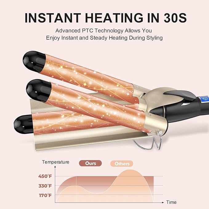 Hair Waver 1 1/4 Inch Crimper for Large Loose Waves, AIMERVO 3 Barrel Curling Iron 1.25", 15 Heat Settings 170-450°F for All Hair Types, Ceramic Jumbo Curling Wand, Dual Voltage, for Mid to Long Hair