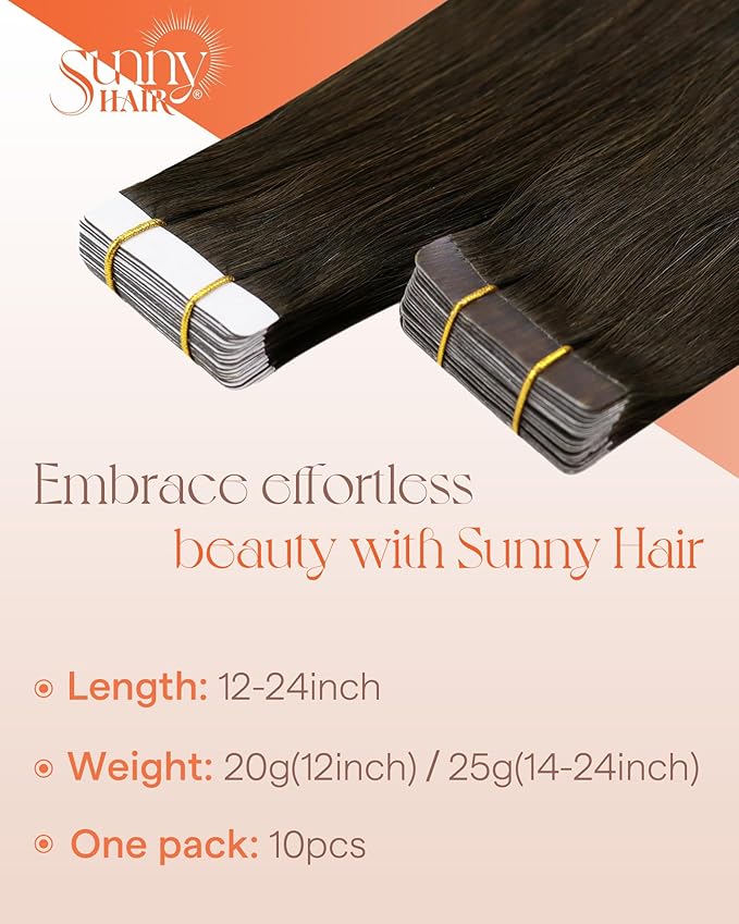 Sunny Hair Tape in Hair Extensions Real Human Hair Invisible Remy Hair Extensions Tape ins for Women Dark Brown 24 inch 25G