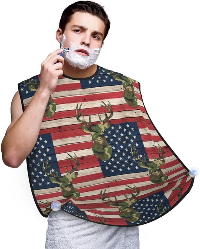 Beard Trimming Hair Catcher, Hunting Deer Camo Camouflage Wooden American Flag Shave Bib, Non-Stick Bib Apron Waterproof, Shaving Tool for Men for Husband Father’s Day