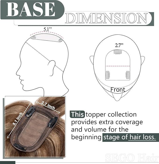 SEGO Hair Toppers for Women Real Human Hair with Thinning Hair, Toppers Hair Pieces Clip in Toppers Straight Hair Pieces with Front Bangs -12 Inch #4/27 Medium Brown Mix Dark Blonde