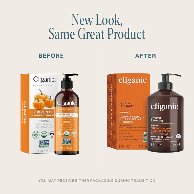 Cliganic Organic Pumpkin Seed Oil, 100% Pure - For Face & Hair | Natural Cold Pressed Unrefined (Packaging May Vary)