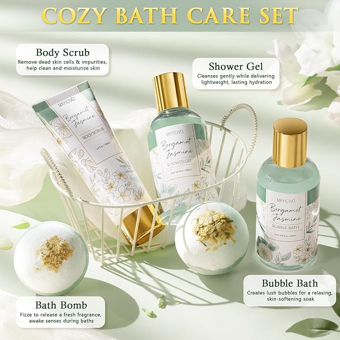 Christmas Birthday Gifts for Women, Bergamot Jasmine Relaxing Spa Gift Baskets for Women Self Care Package Bath Gift Set, Home Bath and Body Kit Pampering Gifts for Womens Mom Her Friends Sister Wife