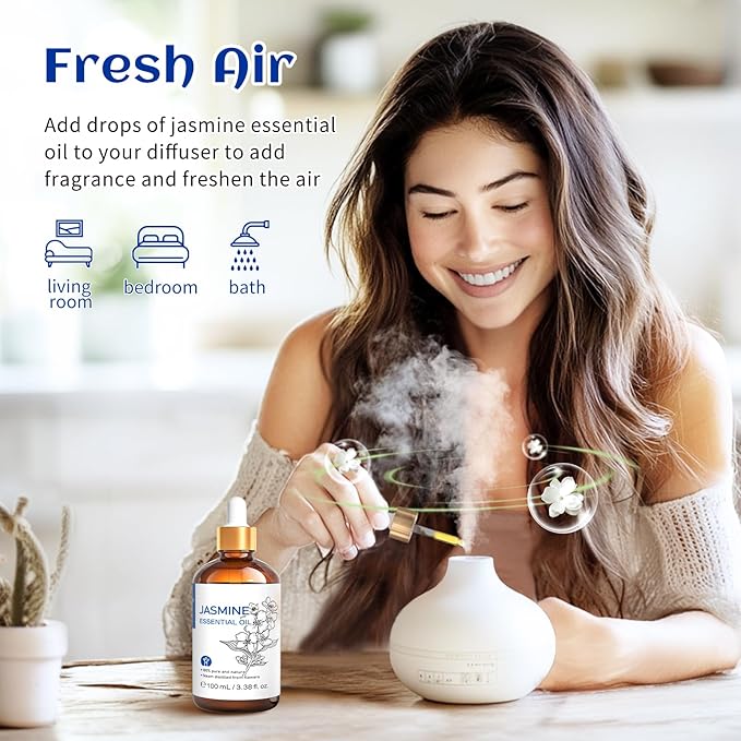 HIQILI Jasmine Essential Oil, Pure & Natural Jasmine Oil for Diffuser, Perfume, Shampoo, Aromatherapy