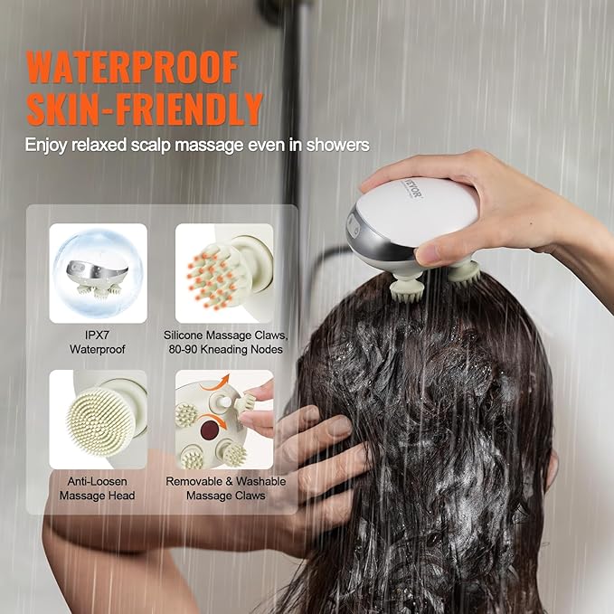 VEVOR Electric Scalp Massager with Heat, Rechargeable Heated Head Massager, IPX7 Waterproof | Portable Kneading Scalp Scratcher with 8 Removable Massage Head for Hair Growth, Deep Clean, Stress Relax