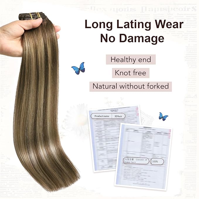 XDhair Clip in Hair Extensions 100g 6pcs 14 Inch Chocolate Brown to Caramel Blonde Real Human Hair Clip in Extensions Silky Straight for Women(14inch, #4/27/4)
