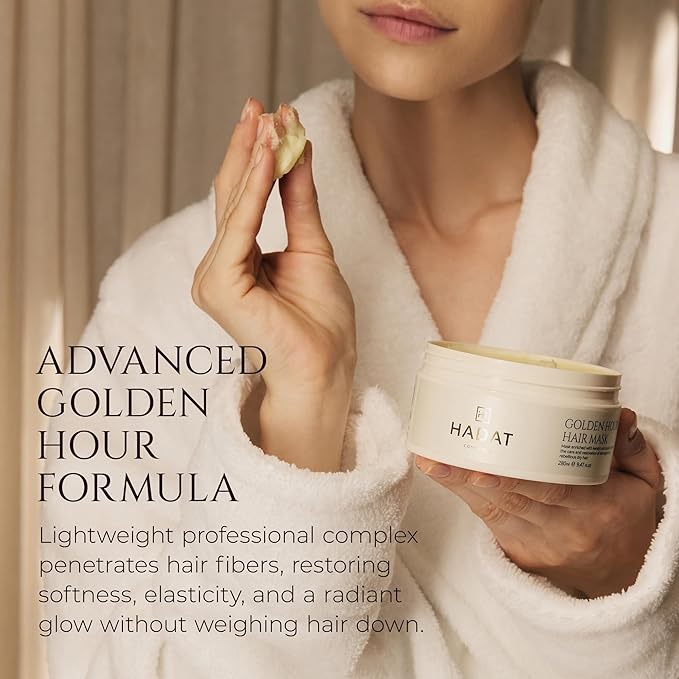 HADAT Golden Hour Express HAIR MASK – Premium Professional Hair Treatment with Pearl Powder – Hydration for Dry Damaged Hair – Nourishing Oils – Split Ends – Salon Quality – Made in Israel, 9.47 Fl Oz