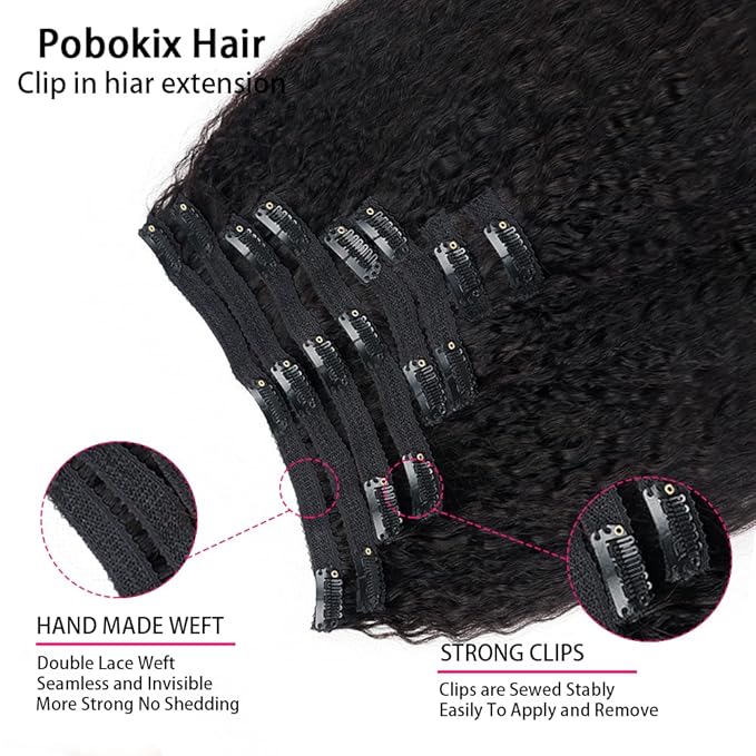 Kinky Straight Clip in Hair Extensions Real Human Hair 8Pcs Brazilian Human hair Clip ins for Black Women, Natural Soft Human Hair 120g 18inch #1B Natural Black
