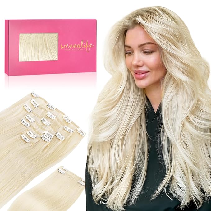 Wennalife Clip in Human Hair Extensions, 18 Inch 150g 9pcs Clip in Hair Extensions Real Human Hair, Platinum Blonde Human Hair Clip in Extensions Remy Human Hair Extensions Clip Ins Double Weft