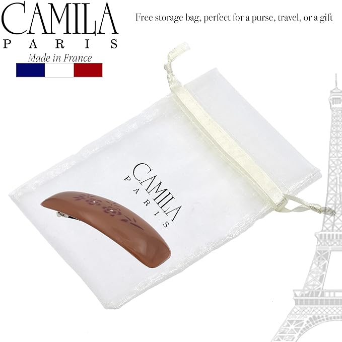 Camila Paris CP3440 French Hair Barrette Clip for Girls, Brown, Rubberized Automatic Clasp Strong Hold Grip Hair Clips for Women, No Slip and Durable Styling Girls Hair Accessories, Made in France