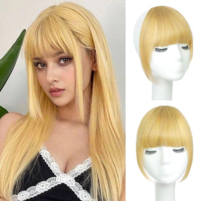 Clip in Bangs Real Human Hair Light Blonde French Bangs Fringe with Temples Thick Curtain Bangs Clip on Bangs Curved Fake Bangs Hairpieces for Women for Daily Wear