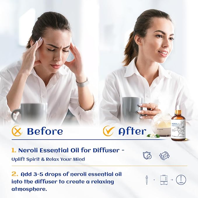 HIQILI Neroli Essential Oil 3.38 Fl Oz, Pure Natural Neroli Oil for Skin, Diffuser, Includes 10ML Travel Bottle - 100ML