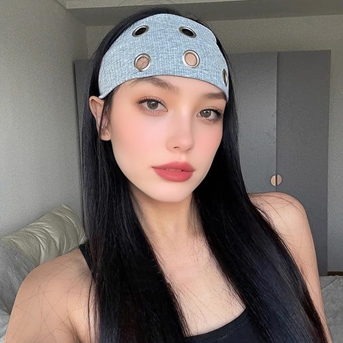 papasgix Grommet Headband for Women, Y2K Elastic Headband Wide Black Hair Band with Holes Metal Rock Style 2000s Hair Accessories (1, Camel)