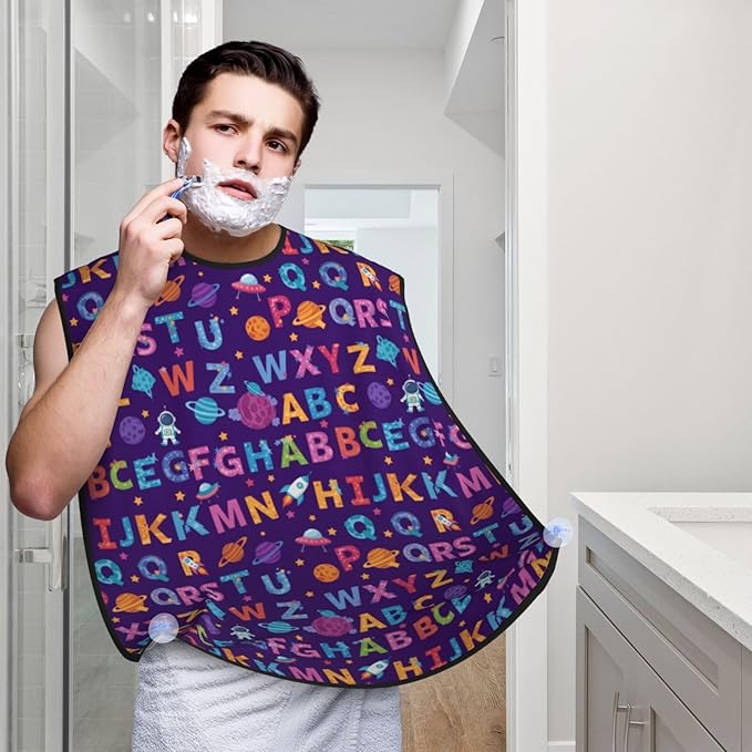 No-Slip Shaving Bib, Beard Grooming Apron with Strong Suction Cups, Cartoon UFO Astronaut Rockets Purple Galaxy Stars Nebula Letters Space Alphabet