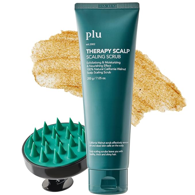 PLU Korean Therapy Scalp Scaling Scrub with Silicone Scalp Massager Brush - Walnut Scalp Scrubber Gel for Oily Scalp and Dandruff - Scalp Exfoliating & Deep Cleansing Combo Set