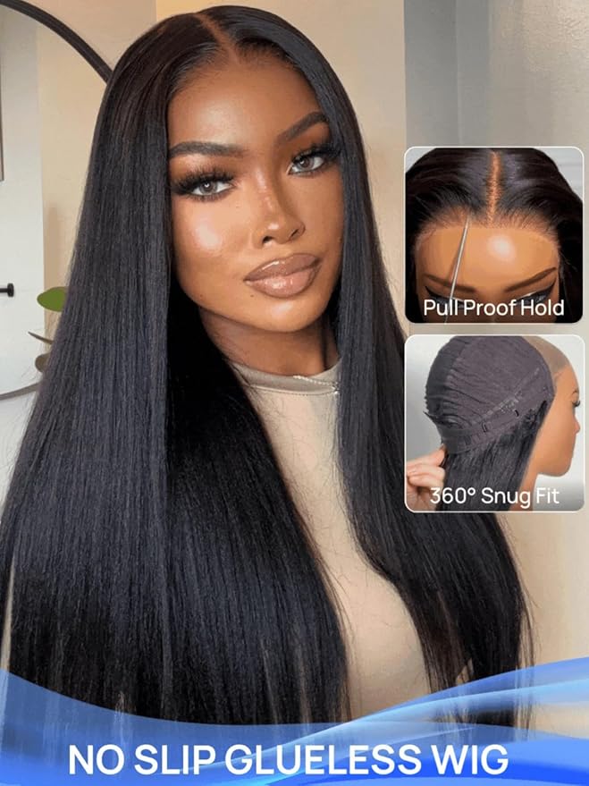 Julia Hair No Slip Yaki Straight 7x5 Lace Closure Glueless Drawstring Wig Flexible Mesh Cap Bye-Bye Slip Pre Cut HD Lace Front Pre Everything Bleached Knots Wear and Go Wig,Zero Slip Hold 16 Inch