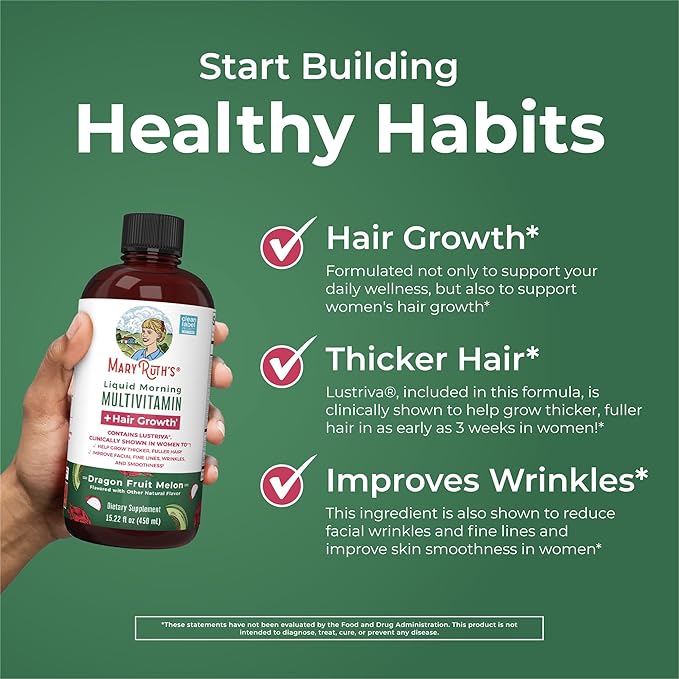 MaryRuth's Liquid Multivitamin + Hair Growth | Biotin 10000mcg | Lustriva Hair Growth Supplement | Clinically Tested in Women for Thicker Hair & Facial Wrinkle | Skin Care | Ages 18+ | 15.22 Fl Oz