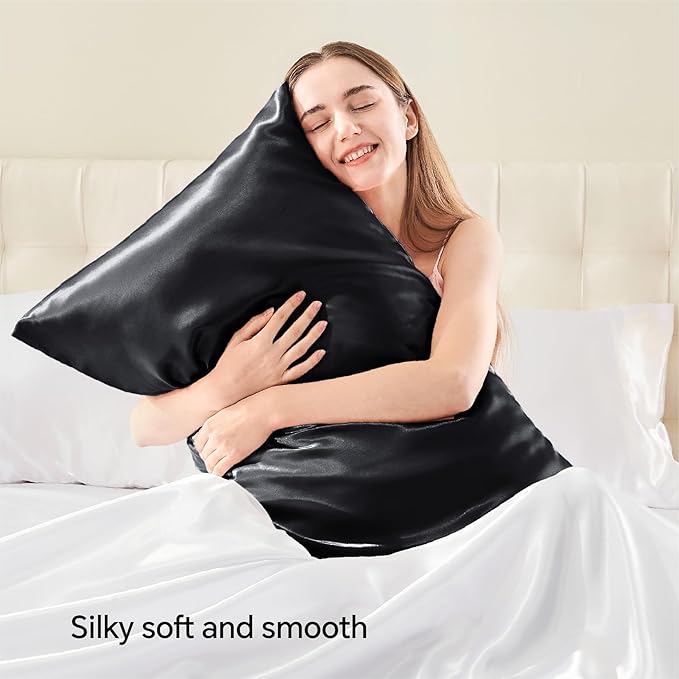 BEDELITE Satin Pillowcase with Zipper 2 Pack, Black Pillow Cases Standard Size, Super Soft and Cooling Similar to Silk Pillow Cases, Gift for Women Men(20x26 Inches)