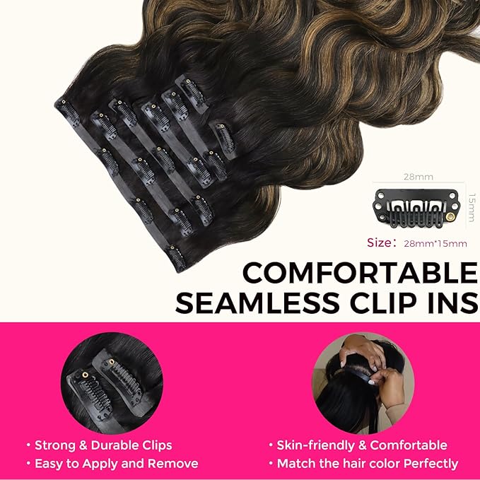 Lashey Seamless Clip in Hair Extensions Human Hair Natural Black Mixed Chestnut Brown 110g 7pcs 18 Inch Body Wave Hair Extensions Clip ins with PU Weft Soft Invisi Edge
