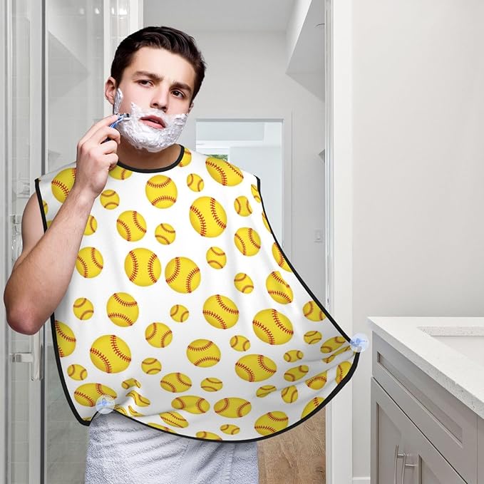 Beard Grooming Cape, Waterproof Hair Catcher for Shaving Trimming, Non-Stick Bib Apron Gifts for Dad Men, Softball Yellow Shave Bib